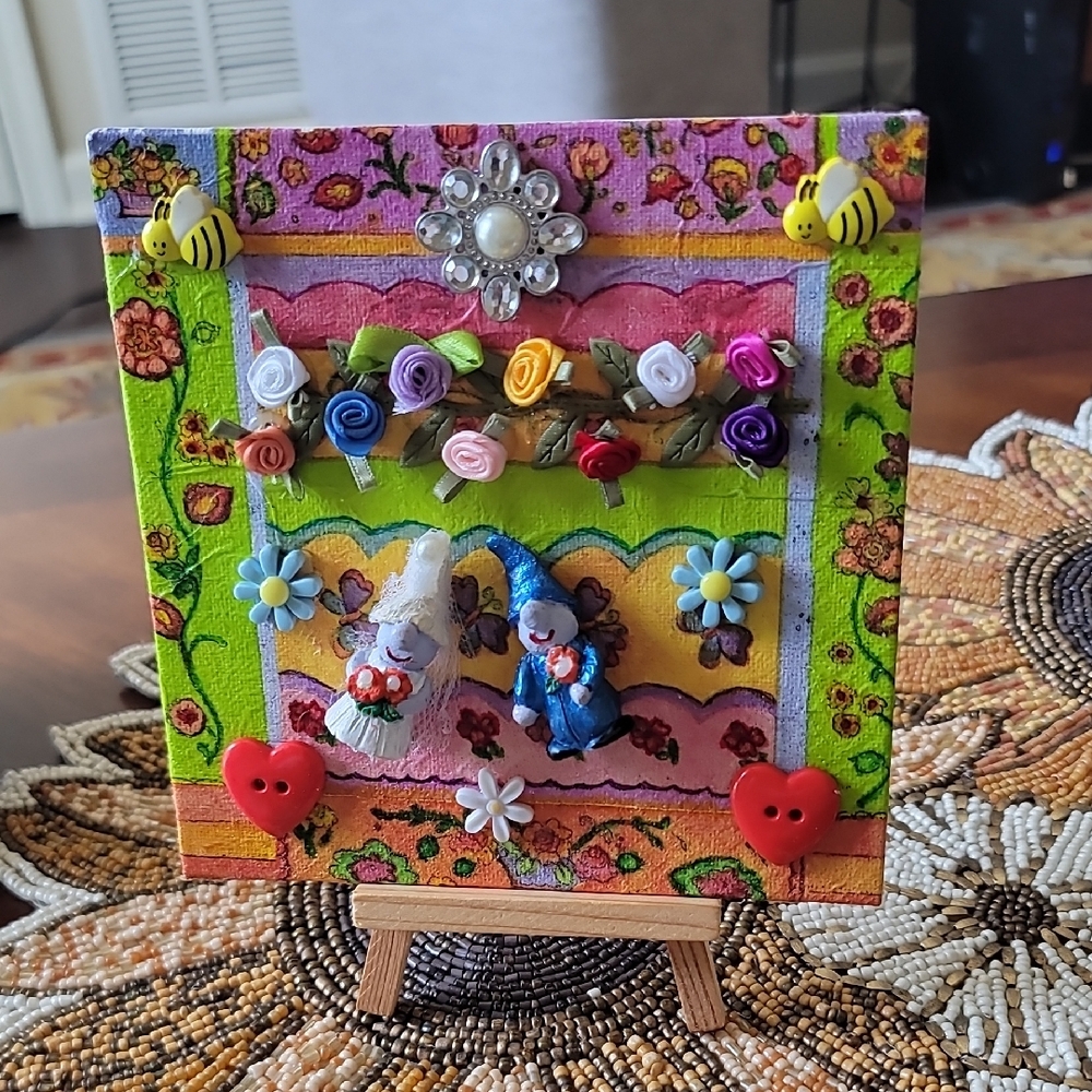 'Bride & Groom' Gnomes - Colorful  Decorative Collage. 6x6" Canvas With Easel
